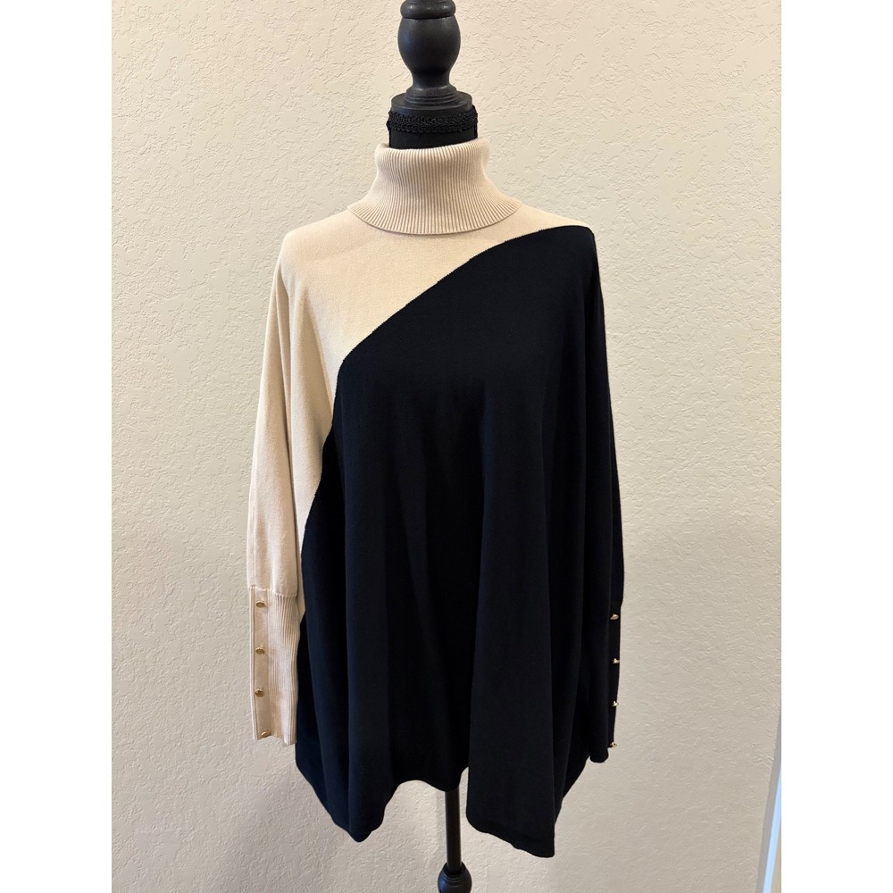 JM Collection Womens Colorblock Turtleneck Poncho Sweater Black Cream Small